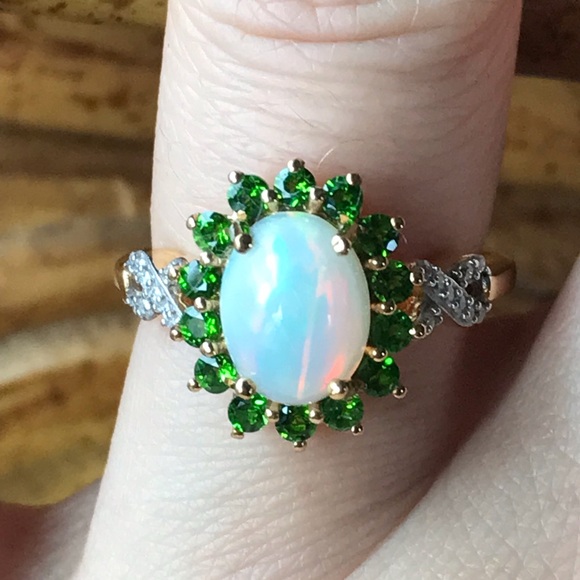 Natural Ethiopian Opal Chrome Diopside Sterling Silver Halo Ring - Picture 1 of 8